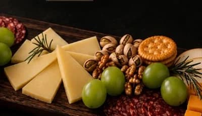 Charcuterie board with cheeses, cured salami, crackers, grapes, pistachios, walnuts and pear